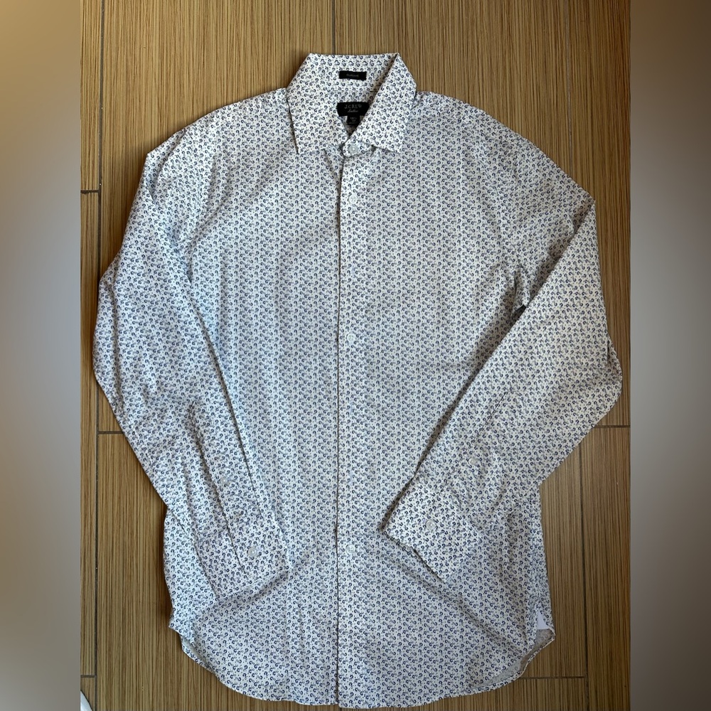 J. Crew Men's White and Blue Floral Patterned Dress Shirt